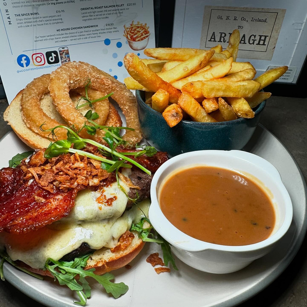 Smashed Angus beef burger with fries and soup
