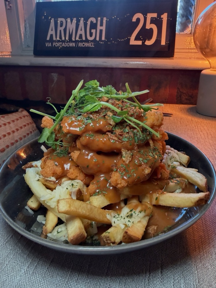 4C peppered loaded fries with crispy chicken and tobacco onions