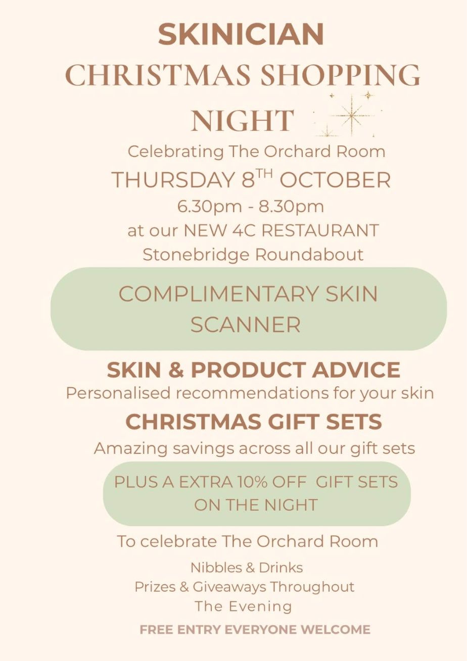 Poster: SKINICIAN Christmas Shopping Night, Thursday 8 October, 6:30 to 8:30pm at the new 4C Restaurant, Stonebridge Roundabout. Free entry, everyone welcome.